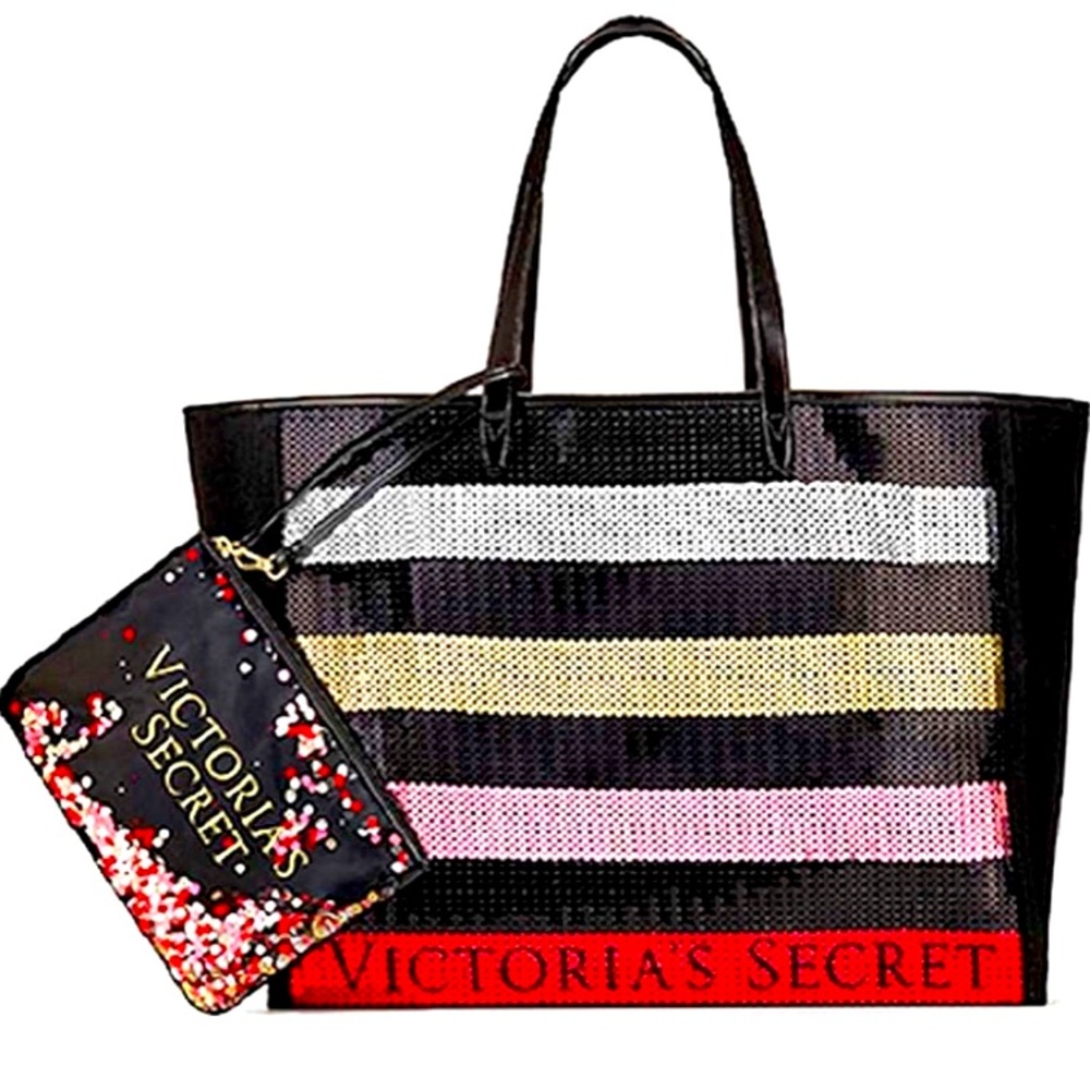 Victoria's Secret Black Sequin Stripe Tote Bag and Mini Bag Set